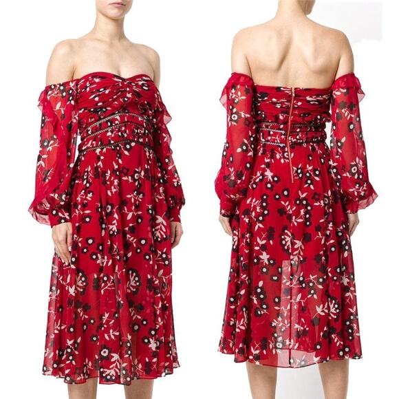 Self-Portrait Dresses & Skirts - Self-Portrait‎ Red Floral Off-Shoulder Dress w/ Sheer Sleeves- Size 2